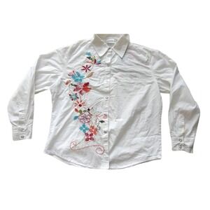 Chicos Floral Embroidery White Button Down Shirt Long Sleeve Women's Size 2